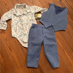 Baby Boys Floral Shirt and Blue Vest/Pants Set With Bow Tie and Corsage